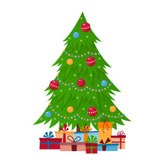 Decorated Сhristmas tree with gift boxes, lights, decoration balls and lamps. Merry Christmas and a happy new year.  Vector illustration in flat and cartoon style