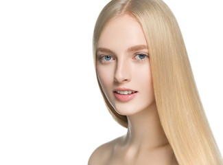 Fototapeta premium Blonde long hair woman with healthy long hairstyle beauty isolated on white