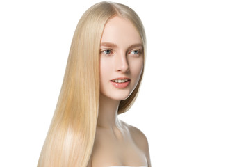Naklejka premium Blonde long hair woman with healthy long hairstyle beauty isolated on white