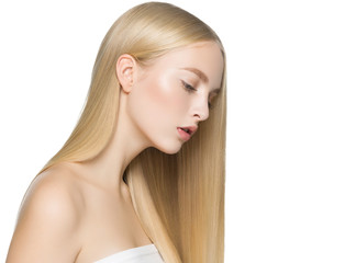 Blonde long hair woman with healthy long hairstyle beauty isolated on white