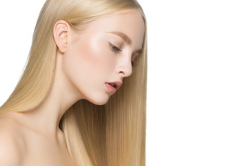 Blonde long hair woman with healthy long hairstyle beauty isolated on white