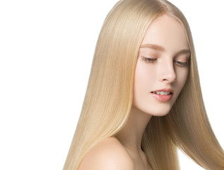 Blonde long hair woman with healthy long hairstyle beauty isolated on white