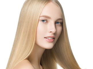 Blonde long hair woman with healthy long hairstyle beauty isolated on white