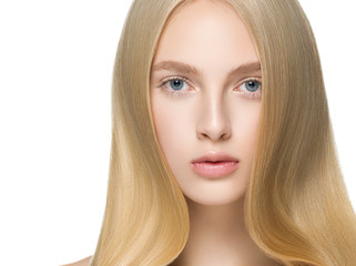 Blonde long hair woman with healthy long hairstyle beauty isolated on white