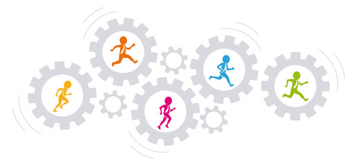 Zusammenarbeit / Teamwork: Eine Gruppe von Geschäftsleuten läuft in drehenden Zahnrädern – farbenfroh / Vektor / Flat Design