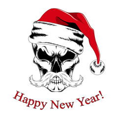 Skull in santa claus hat with congratulation happy new year.
