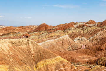 Danxia Feng, or Colored Rainbow Mountains, in Zhangye, Gansu, China. Here the view from the Sea of Clouds observation deck