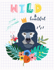 Wild and beautiful. Cute gorilla with tropical leaves and flowers. Hand drawn vector illustration