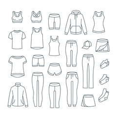 Women casual clothes for fitness training. Basic garments for gym workout. Vector thin line icons. Outline outfit for active girl. Linear sport style shirts, pants, jackets, tops, shorts, skirt, socks © vectorikart