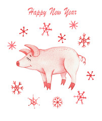Prints with New Year piglets in watercolor style. Christmas. Postcards.