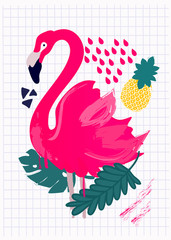 Pink flamingo, leaves and pineapple. Hand drawn vector illustration