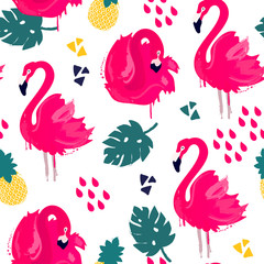 Pink flamingo, leaves and pineapple. Hand drawn vector seamless pattern