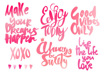 Pink motivational quotes. Hand drawn vector set. Every quote is isolated
