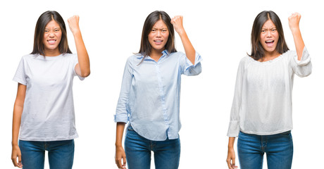 Obraz premium Collage of asian young woman standing over white isolated background angry and mad raising fist frustrated and furious while shouting with anger. Rage and aggressive concept.