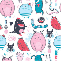Cute funny monsters. Hand drawn colored vector seamless pattern