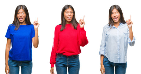 Collage of asian young woman standing over white isolated background pointing finger up with successful idea. Exited and happy. Number one.