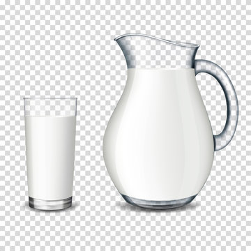 realistic transparent glass and jug with milk isolated