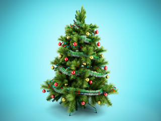 Christmas tree with colorful toys 3d render isolated on blue