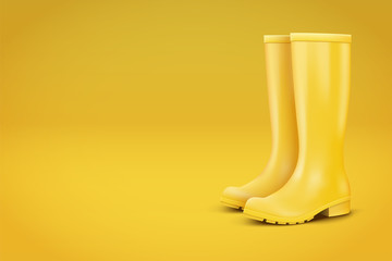 Autumn Fashion Advert Illustration. Pair of yellow rubber rain boots on yellow background. Season sale and marketing. Shopping poster with copy space in trendy color. Vector