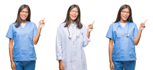 Obraz premium Collage of asian young surgeon doctor or nurse woman standing over white isolated background with a big smile on face, pointing with hand and finger to the side looking at the camera.