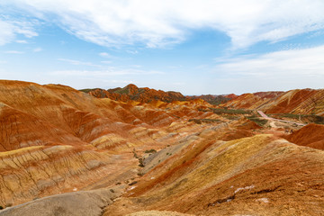 Danxia Feng, or Colored Rainbow Mountains, in Zhangye, Gansu, China. Here the view from the Colorful clouds observation deck