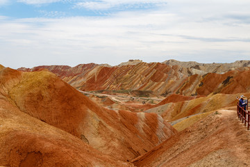 Danxia Feng, or Colored Rainbow Mountains, in Zhangye, Gansu, China. Here the view from the Colorful clouds observation deck
