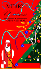Vector vintage Christmas greeting card design with Santa Claus holding a present.