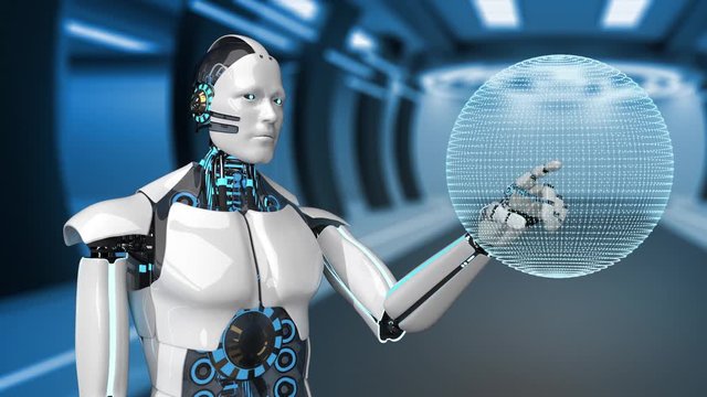 Eine Animation mit einem humanoiden Roboter mit Globus und Netzwerk im futuristischen Raum