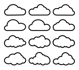 Set of cloud icons black white isolated white background, vector illustration