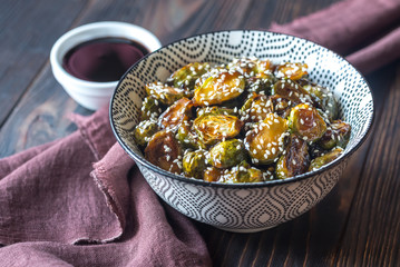 Bowl of roasted teriyaki brussels