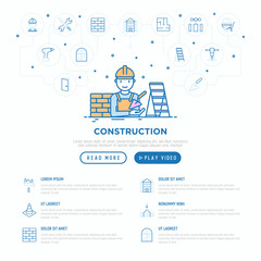 Construction concept with thin line icons: builder in helmet, work tools, brickwork, floor plan, plumbing, drill, trowel, traffic cone, building, stepladder. Vector illustration, web page template.