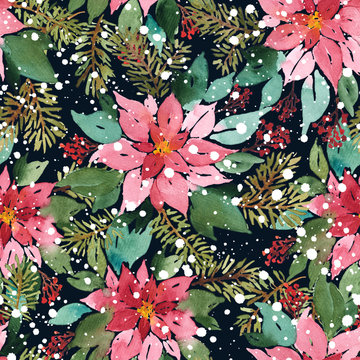 Seamless watercolor Christmas pattern with poinsettia, spruce and red berries on dark background in snow