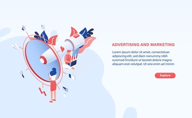 Modern web banner template with giant megaphone or bullhorn, tiny people or office workers and place for text. Internet advertising and marketing. Colorful creative isometric vector illustration.