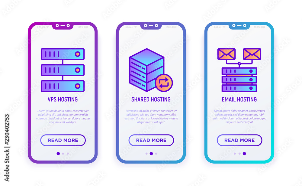 Wall mural hosting thin line icons set: vps, shared hosting, email. modern vector illustration for user mobile 