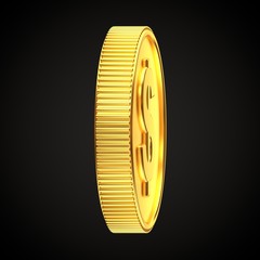 Golden coin with dollar symbol rotated 80 degrees horizontally isolated on black background.
