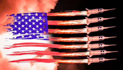 USA flag and missiles launch from the flamed stripes. USA withdraws from the Intermediate-Range Nuclear Forces Treaty, concept.