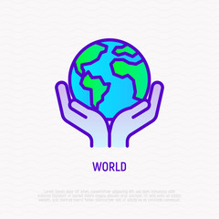 World thin line icon: hands holding the globe. Modern vector illustration.