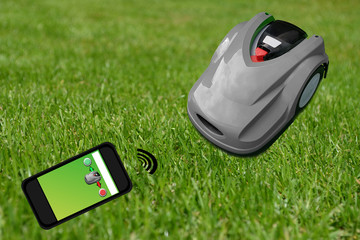 Mowing robot in the garden with smartphone control