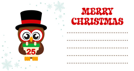 winter cartoon cute owl in hat with christmas calendar on the christmas card