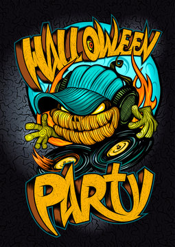 Halloween party poster, invitation card, web banner with scary dj pumpkin head
