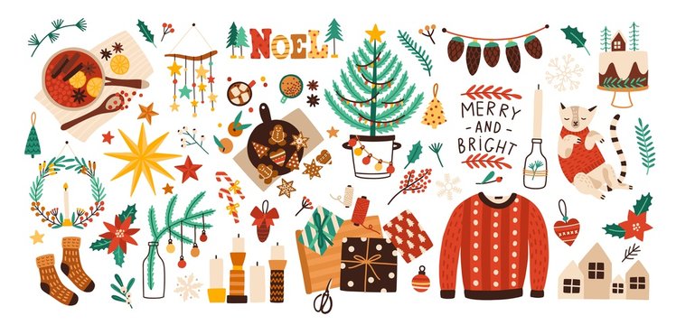 Collection of Christmas decorations, holiday gifts, winter knitted woolen clothes, mulled wine and ginger bread isolated on white background. Colorful vector illustration in flat cartoon style.