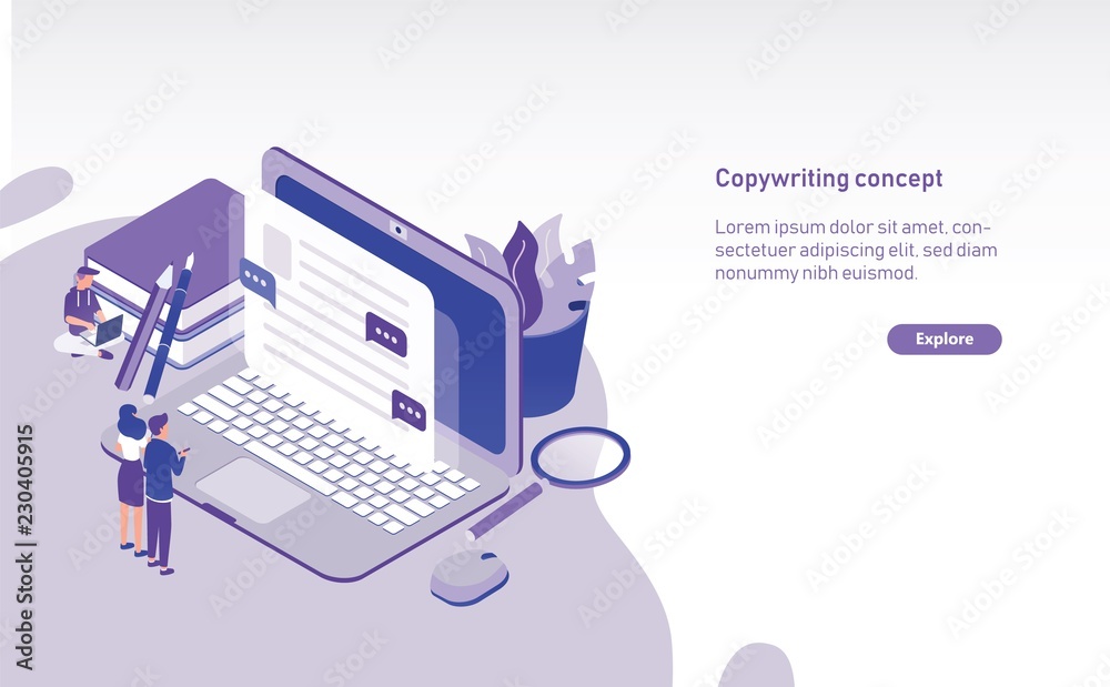 Poster Modern horizontal web banner template with tiny people standing in front of giant laptop and looking at text displaying on screen. Copywriting, content management and SEO. Colored vector illustration.