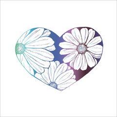 Neon and color illustration of a bouquet of chamomiles in the heart. Everything is love