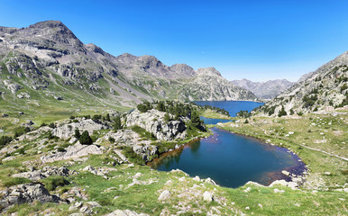 Obraz premium Ranas Lake iand Respomuso lake in Tena Valley in The Pyrenees, Huesca, Spain.