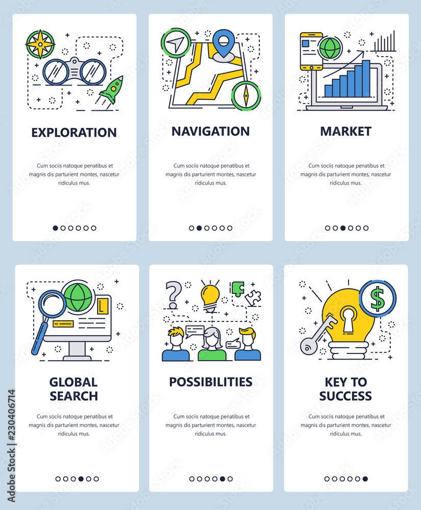 Sticker vector web site linear art onboarding screens template. exploration, navigation and market research 
