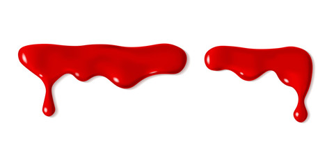 Dripping red blood drops for Halloween design. Vector paint stain background illustration. Realistic horizontal border.