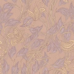 Seamless vintage floral beige and lilac pattern