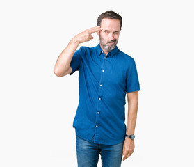 Fototapeta premium Handsome middle age elegant senior man over isolated background Shooting and killing oneself pointing hand and fingers to head, suicide gesture.