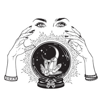 Naklejki Hand drawn magic crystal ball with gems and crescent moon in hands of fortune teller line art and dot work. Boho chic tattoo, poster, tapestry or altar veil print design vector illustration.