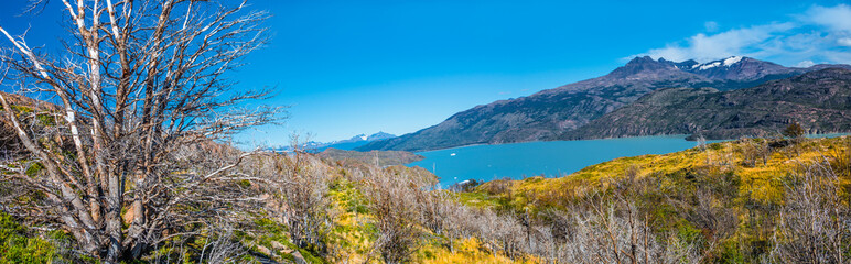 Panoramic view of Torres del Paine National Park, its forests, lagoon and glaciers at Autumn,...
